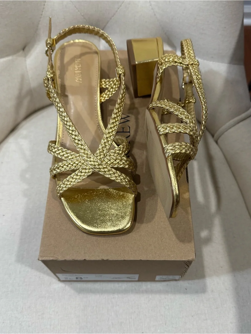 J. Crew Gold Braided Strappy Back Block Heel Sandals 8.5